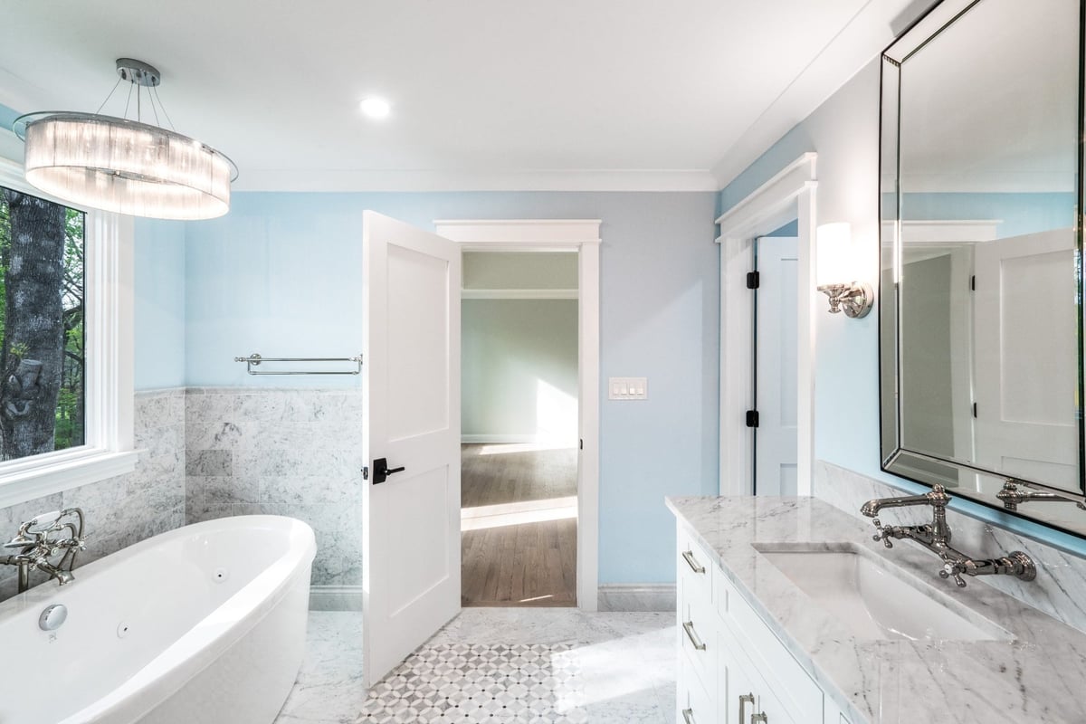 charlotte nc custom home marble primary bathroom