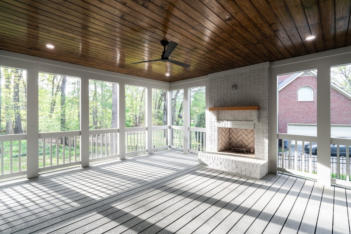 charlotte nc custom home screened porch fireplace wide view