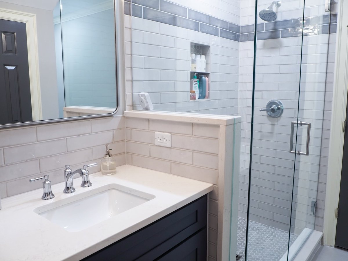 charlotte nc home project bathroom vanity and glass shower with gray accent tile