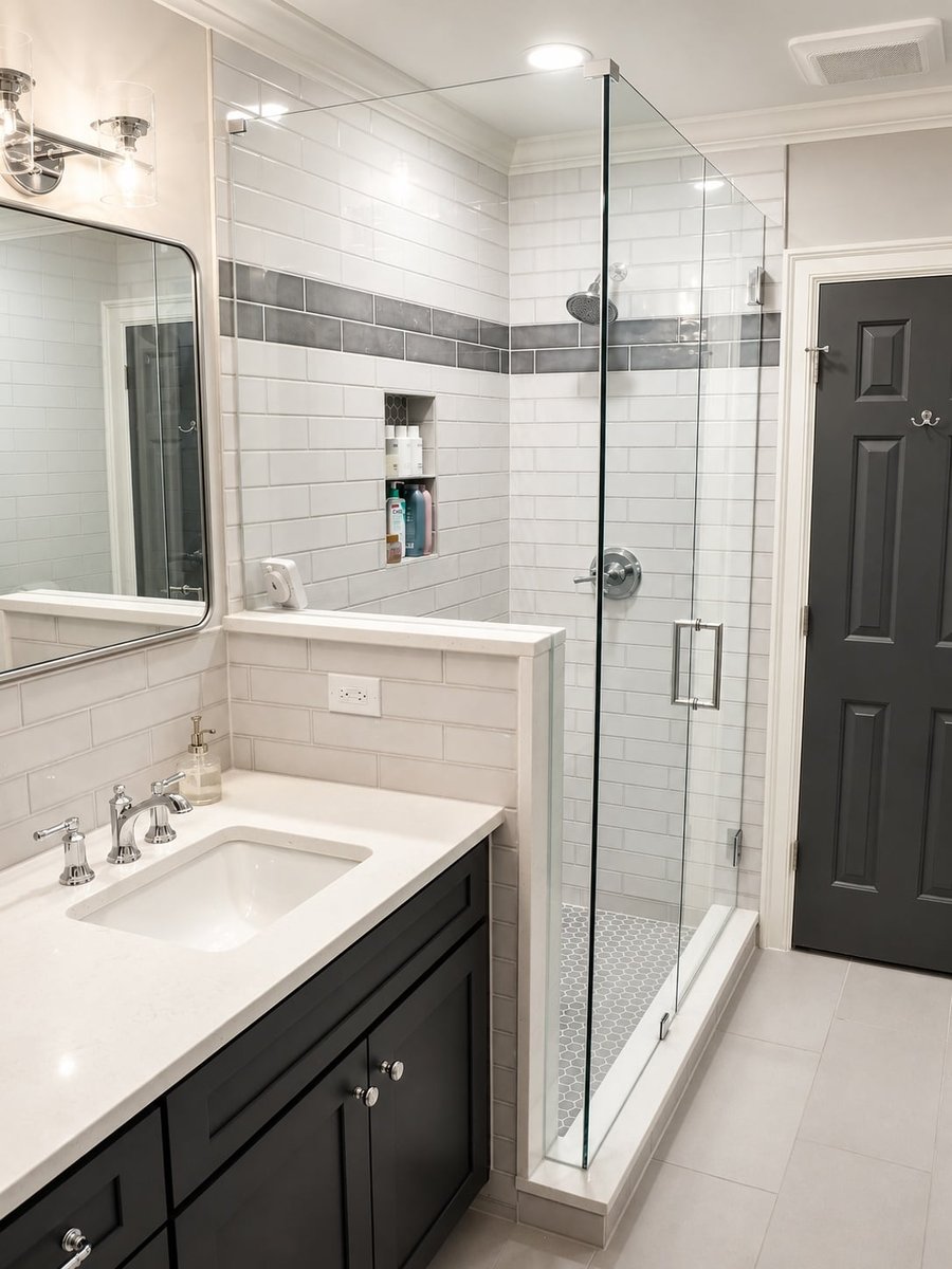charlotte nc home project bathroom with dark vanity glass shower and gray tile