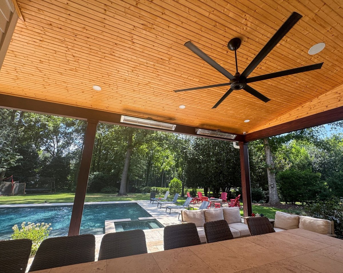 charlotte nc home project covered patio overlooking backyard pool fire pit seating and wooded lawn