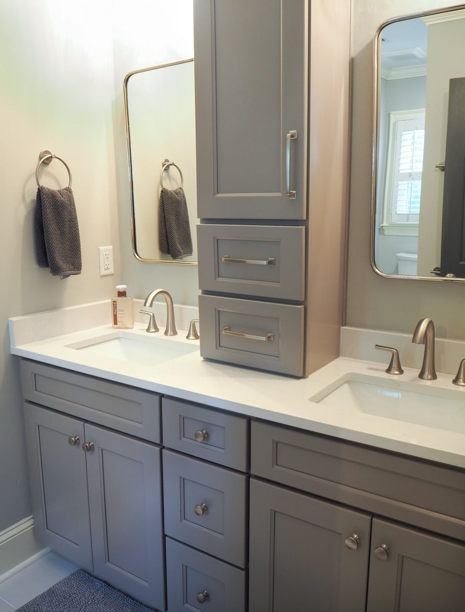 charlotte nc home project double vanity with gray cabinetry white quartz countertop and mirrors