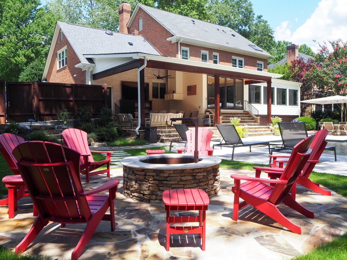 charlotte nc home project fire pit seating area overlooking pool and covered patio