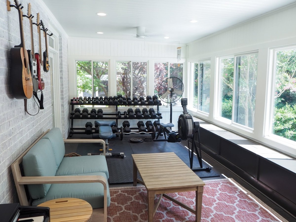charlotte nc home project four season room with home gym lounge area large windows and ceiling fans