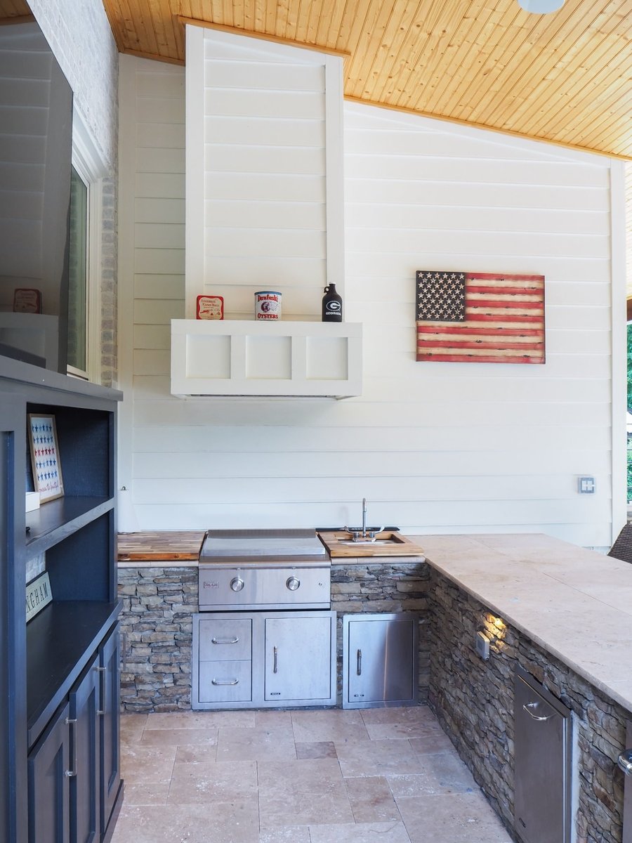 charlotte nc home project outdoor kitchen with stone counters built in grill sink and white vent hood