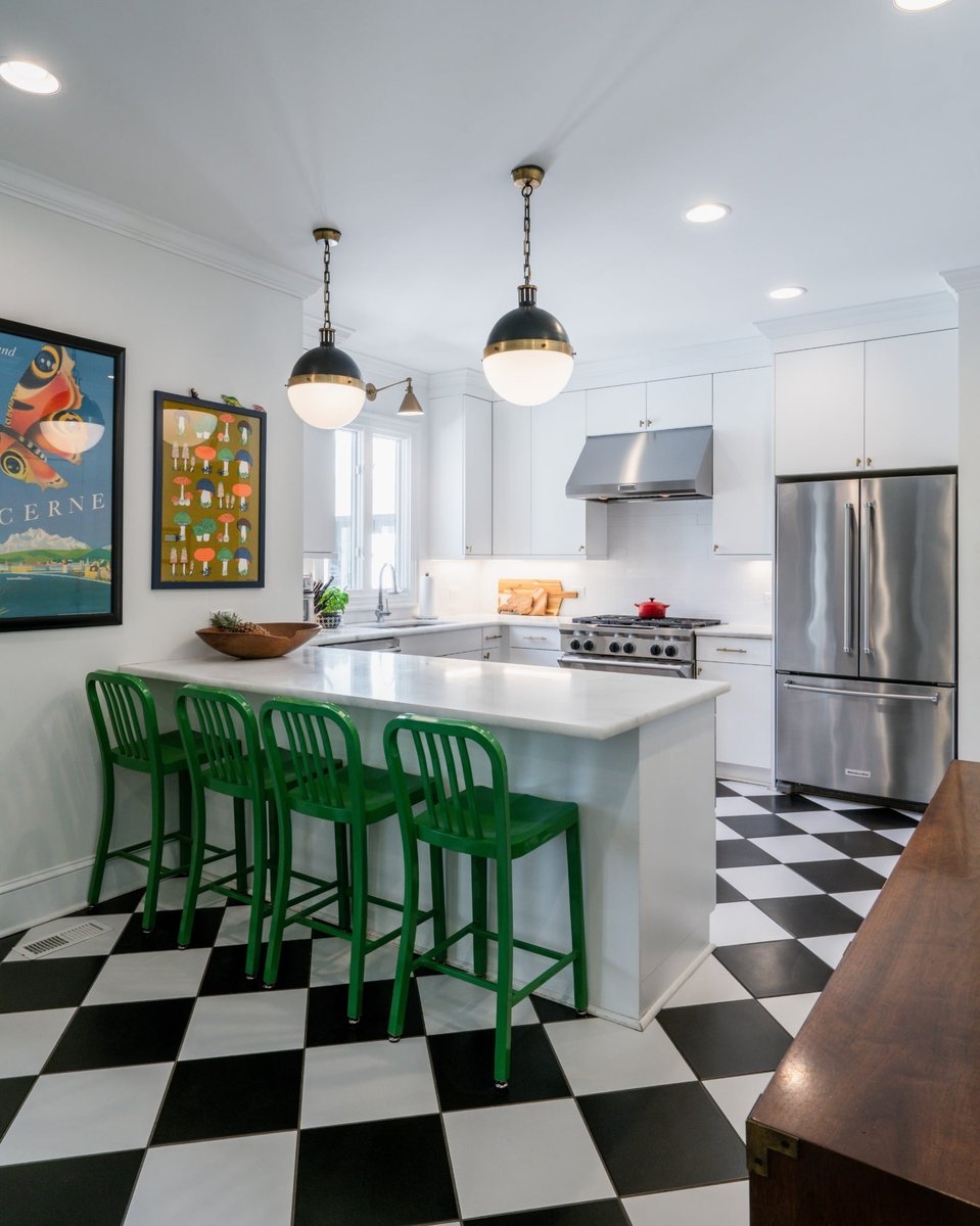 charlotte nc kitchen remodel with marble island green bar stools white cabinets and checkerboard flooring