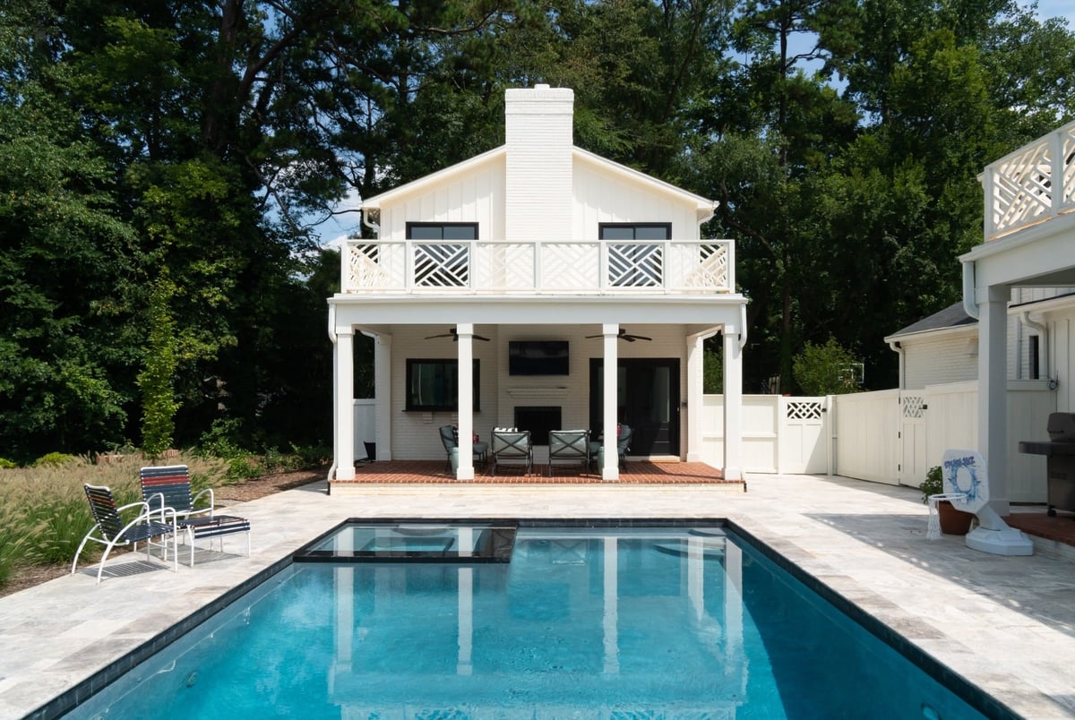 custom home pool house with white exterior covered patio balcony and swimming pool in charlotte nc