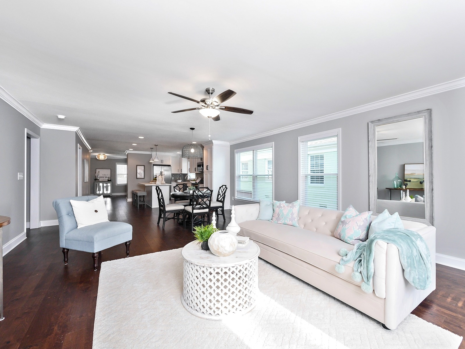 open concept living dining and kitchen interior with gray walls in a charlotte nc home addition