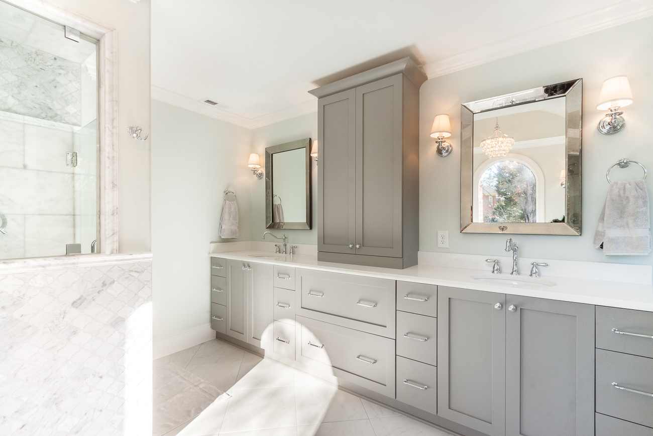 charlotte nc bathroom remodel with gray double vanity marble shower enclosure and polished chrome fixtures