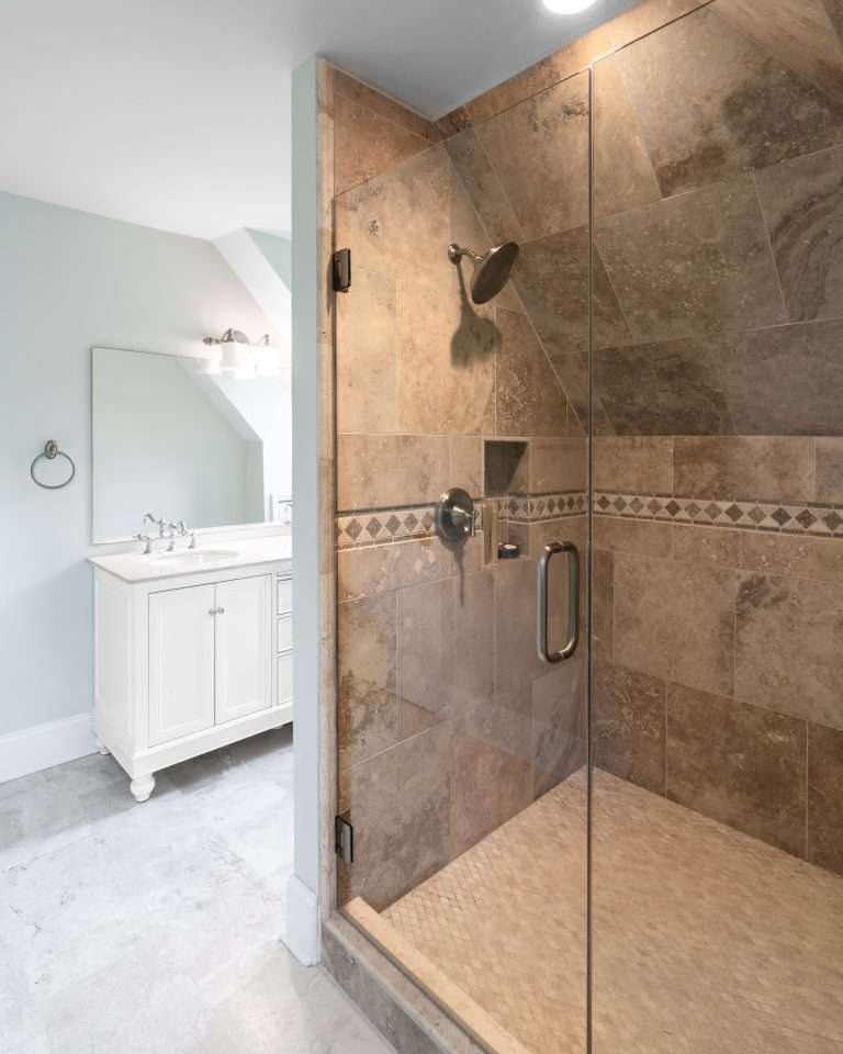 remodeled bathroom with large shower enclosure built by 7 Acre construction