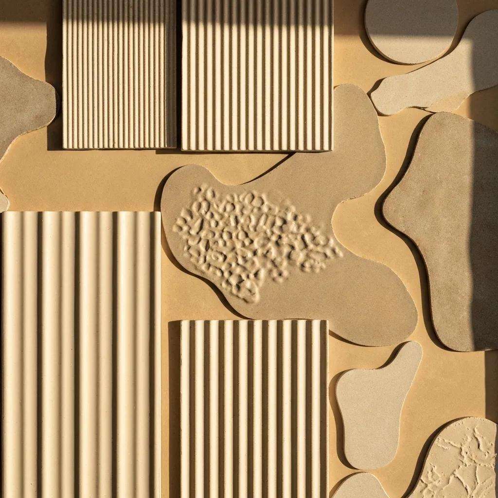 Artistic arrangement of textured and organic tiles showcasing their depth and warmth