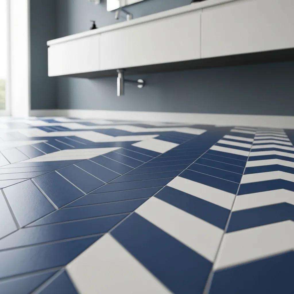 Close-up of bold geometric tile patterns in a modern bathroom floor design