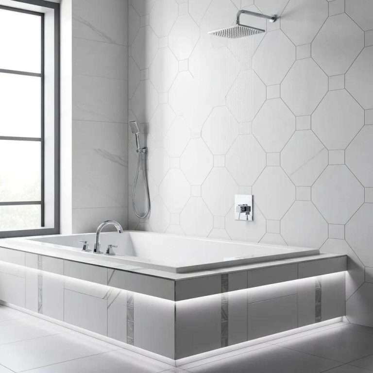 Modern bathroom with contemporary tile patterns showcasing large format and textured tiles