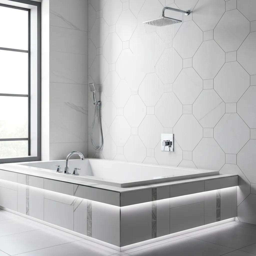 Modern bathroom with contemporary tile patterns showcasing large format and textured tiles