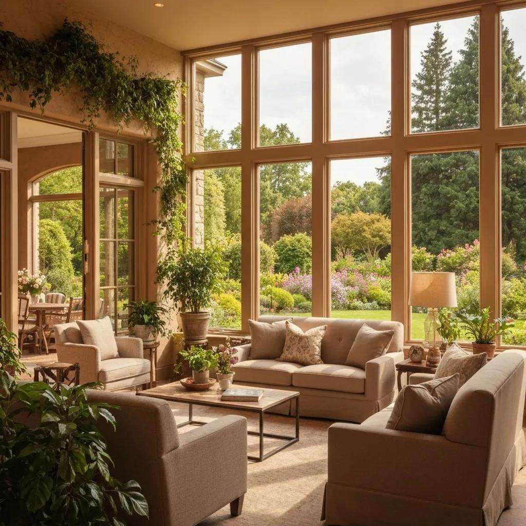 Bright sunroom with large windows and cozy furniture, representing room addition ideas for enhancing homes